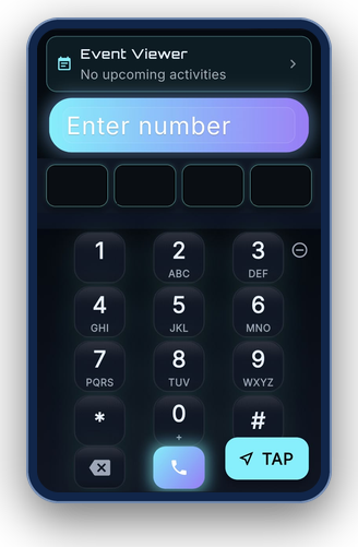 The Neverhold app today: its phone dialer, with a number pad, a call button and a TAP button.