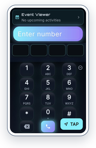 The Neverhold app today: its phone dialer, with a number pad, a call button and a TAP button.