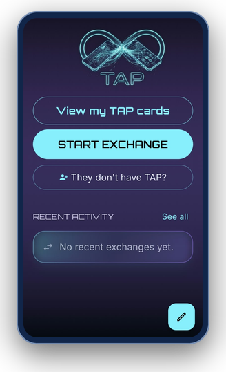 The Neverhold app today: the TAP screen, with buttons to view your TAP cards, swap cards with someone, and invite someone who doesn't have TAP. The recent-activity list is empty.