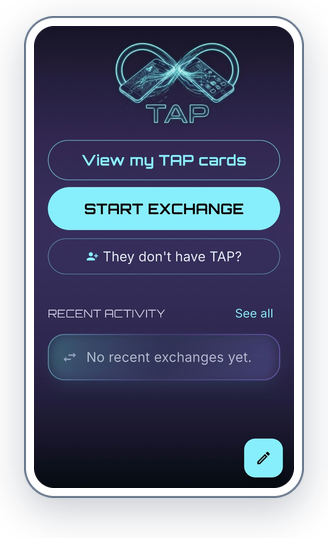 The Neverhold app today: the TAP screen, with buttons to view your TAP cards, swap cards with someone, and invite someone who doesn't have TAP. The recent-activity list is empty.