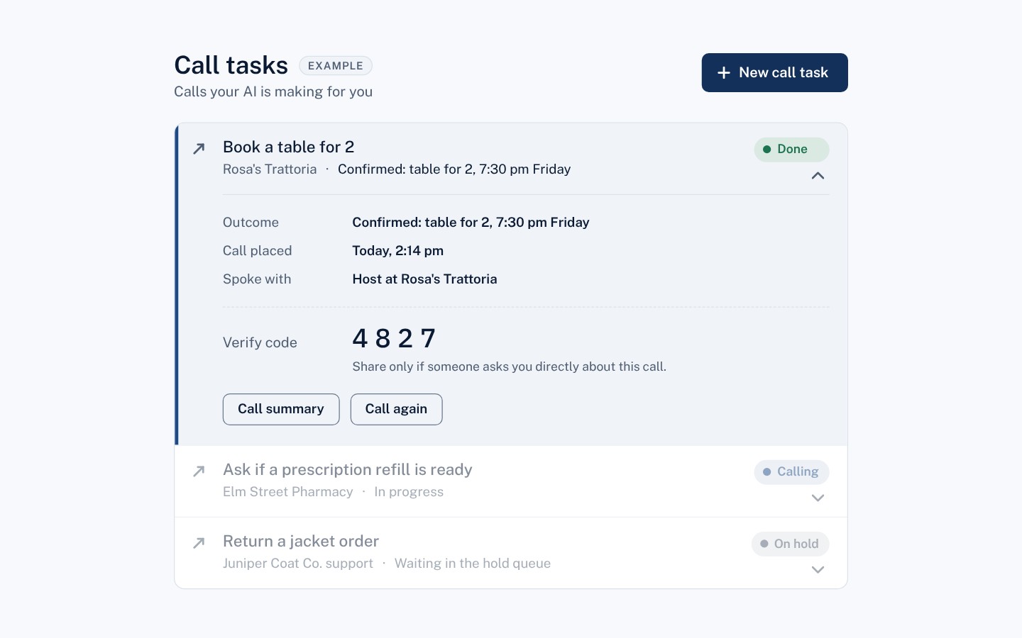 Example: a Neverdial call task, "Book a table for 2," marked Done with the line "Confirmed: table for 2, 7:30 pm Friday."